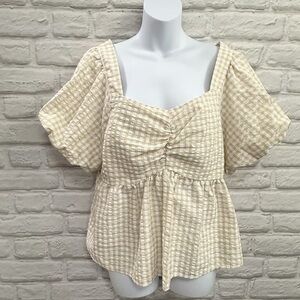 Cream Gingham Peplum Puff-Sleeve Top